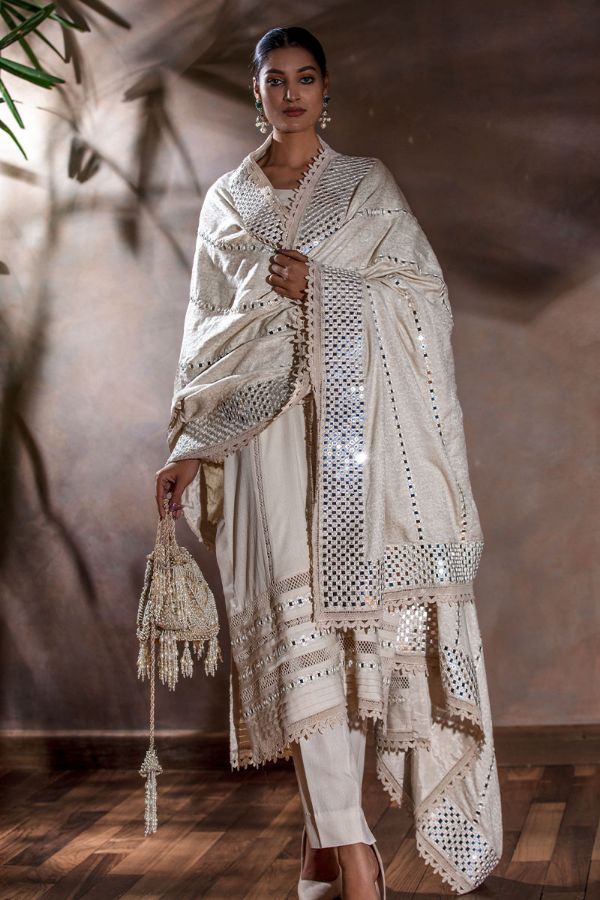Picture of Mirror Work Shawl on Karandi Silk